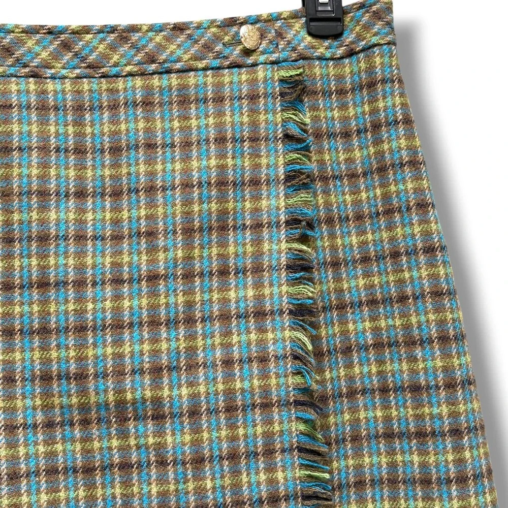 Talbots Womens Brown Blue Plaid Wool Blend Fringe Faux Wrap Skirt Size 8